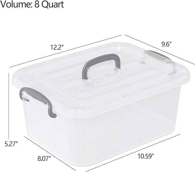 8 Quart Clear Plastic Storage Latching Box with Handle, 2 Packs | Latch Tote Bin Containers with Lids