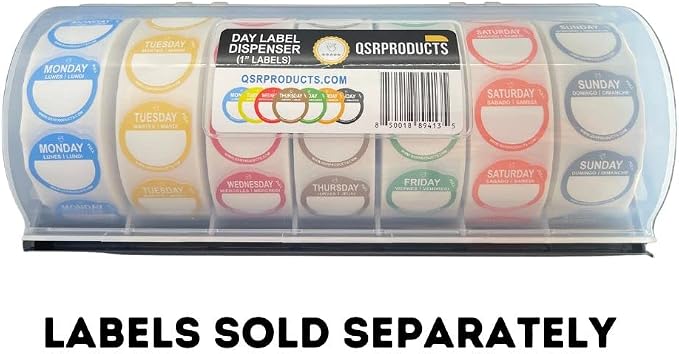 QSRProducts 7-Slot Day of The Week Covered Label Dispenser (for 3/4" & 1" Labels) - Food Sticker Holder for Inventory Management and Meal Prep, Protects Labels Inside