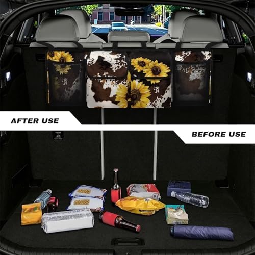Dreaweet Sunflower Brown Cow Print Car Trunk Organizer for Sedan Collapsible Backseat Trunk Organizer Large Capacity Car Storage Bag with 4 Pocekt,Car Organizers and Storage Trunk for SUV Truck Van