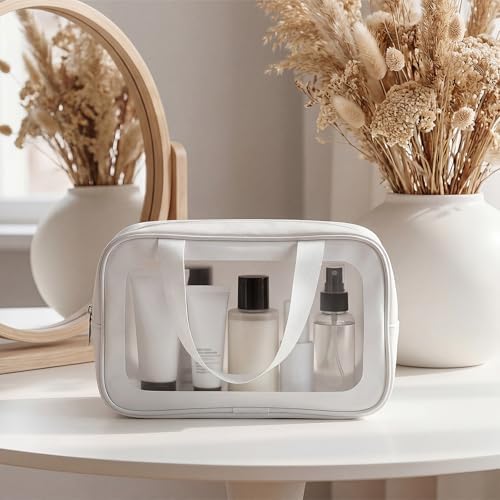 Abbylike 12 Pcs Clear Toiletry Bags with Handle for Women and Men, Matte Translucent Waterproof Cosmetic Bags with Zipper for Travel Toiletries Wash Shower Accessories Bachelorette Bridal Party(White)