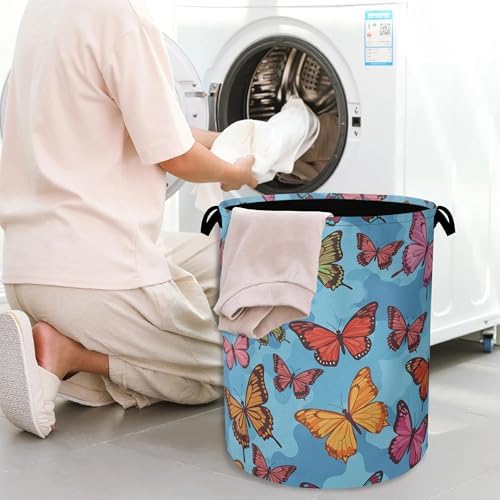 Colorful Butterfly Laundry Basket,Foldable Oxford Cloth Tote Bag Laundry Hamper Clothes Storage Bucket Organizer for Bedroom Laundry Storage Dormitories 16" x 20.8"
