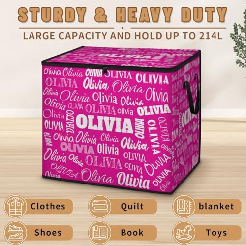 Personalized Storage Bags with Lid Large Blanket Clothes Rosy Pink Organization and Storage Containers for Comforters,Bedding, Foldable Organizer with Reinforced Handle