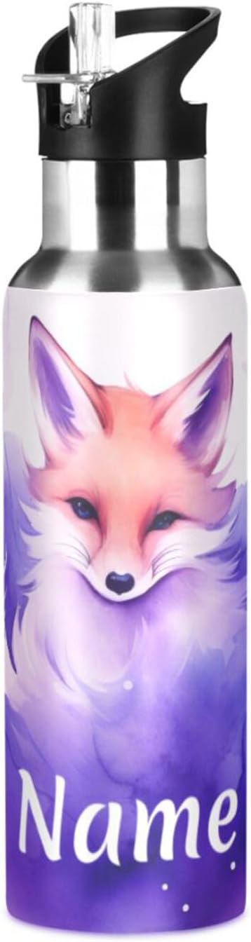 Custom Name Fox Art Water Bottle with Straw Lid Kids Insulated Stainless Steel Water Flask Sports, 20 Oz Hot Cold