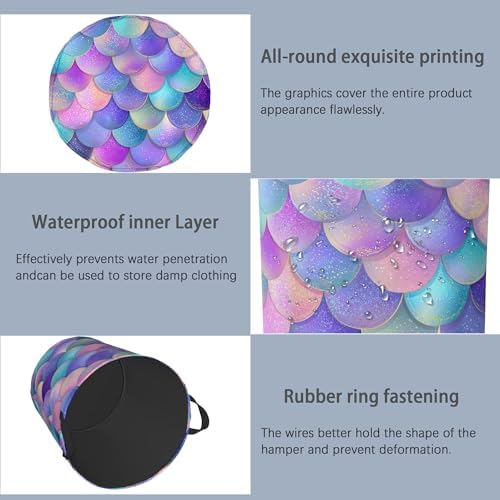 Glitter Fish Scales Laundry Hamper,Mermaids Dirty Clothes Laundry Basket with Handles Waterproof Oxford Cloth Storage Basket for College Dorms Bathroom Bedroom 16" x 20.8"
