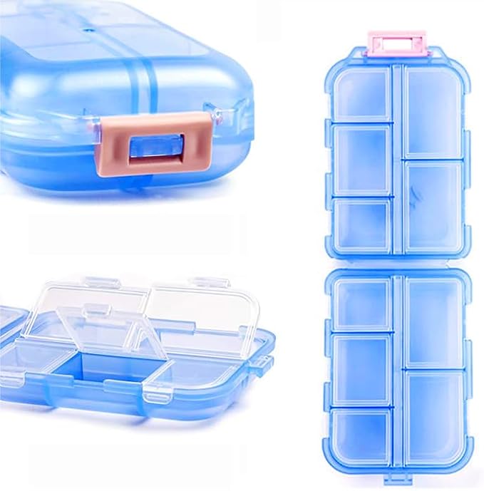 Small Travel Pill Box Organizer, 10 Compartment Pill Case Planner | Portable Folding Daily Medcine Container Capsule Dispenser for Storage Medication, Meds, Vitamin, Fish Oil, Supplement, Blue