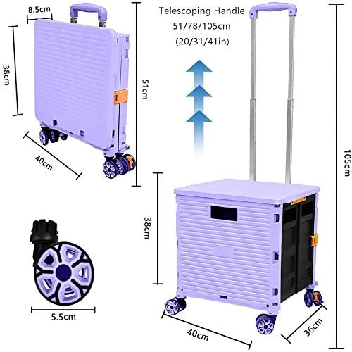 Quick Utility Cart Folding Portable Rolling Crate Handcart with Durable Heavy Duty Plastic Telescoping Handle Collapsible 4 Rotate Wheels for Travel Shopping Moving Luggage Office Use (Purple)