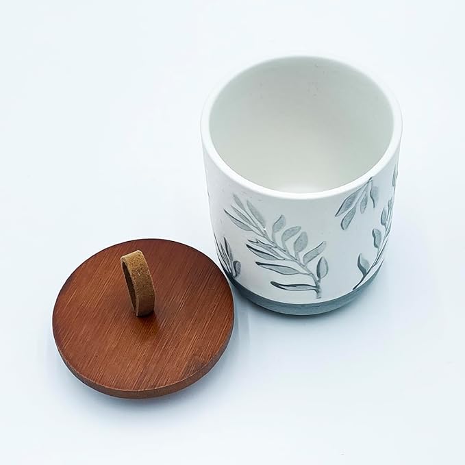 10oz Ceramic Airtight Food Storage Container with Wooden Spoon for Sugar,Matcha,Salt,Coffee,Spices,Cat Treat,Loose Leaf Tea(Gray-Green Olive Leaves)
