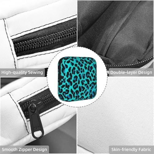 Cute Menstrual Pad Pouch with Zipper, Cheetah Blue And Black Leopard Print, Reusable Polyester Feminine Product Organizer, Storage Bag for Daily Travel