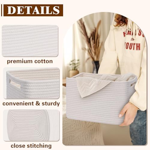 Storage Baskets for Organizing, 4 Pack Baskets for Shelves, Decorative Storage Bins for Shelves, Cotton Rope Storage Basket with Handles, Woven Basket for Storage, 13''Lx8.7''Wx7.9''H, White