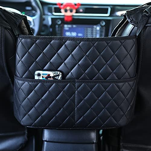 Guoord Car Seat Storage Bag - Upgrade-Black PU Leather Caddy Organizer for Additional Storage, Easy Installation, Safe Driving, Pet Barrier & Compatible with Most Front Opening Armrest Boxes