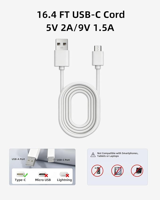 USB Extension Cable for Indoor Camera/Baby Monitor, USB-A to Type-C, 16.4ft | For all kinds of Cameras for Home Security, 20 Self-Adhesive Cable Clips