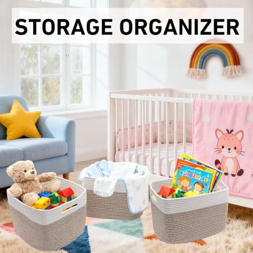 3 Pack Woven Baskets,Storage Baskets for Shelves with Handles | 13.5"×11"×9.5" Closet Baskets, Nursery Organizer for Toys Towels Books, Storage Bin for Living Room Bedroom (White&Brown)