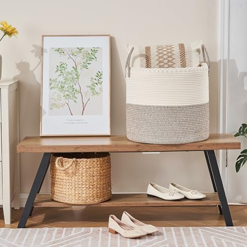 KAKAMAY Large Blanket Basket (18"x18"x16"),Woven Baby Laundry Hamper for Storage, Cotton Rope Blankets Baskets for Nursery, Laundry, Living Room, Pillows, Baby Toy chest with Handles (White/Beige)