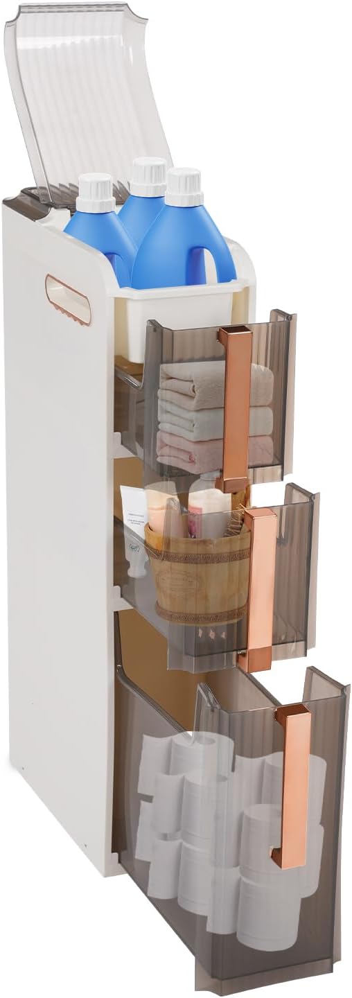 Storage Cabinet with 3 Drawers Slim Floor Standing PP Bathroom Organizer | Slim design fits tight corners – semi-transparent drawers protect from dust – 4 smooth-rolling wheels included