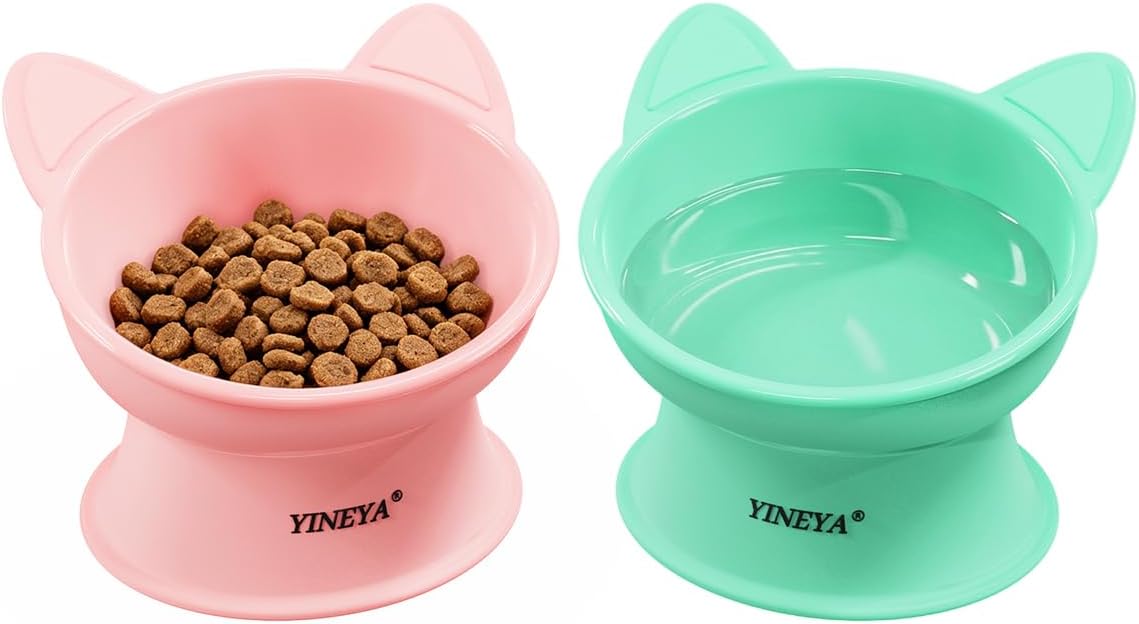 YINEYA Elevated Cat Bowls 2 Pcs, Cat Food Bowl to Protect Neck & Anti-Vomit, Whisker-Friendly Raised Food and Water Bowls Set for Indoor Cats/Small Dogs, Cute Pet Feeding Bowl 6 OZ Each, Pink & Green