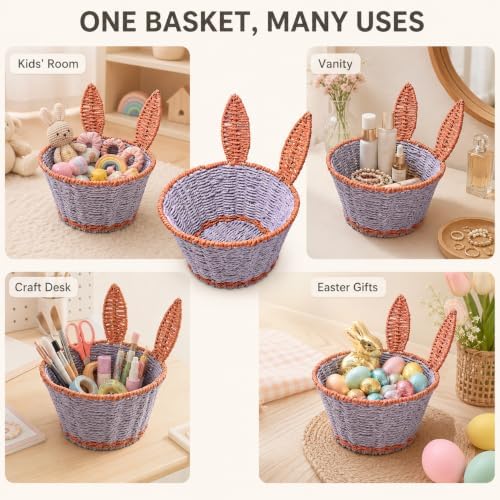 Bunny Boho Decor Storage Basket,Handmade Paper Rope Basket,Small | 100% Handmade Decor Bin,2 Color Blocking,Create An Organized Life,for Toilet Paper,Living Room,Table,Bedside,Pet Organizing