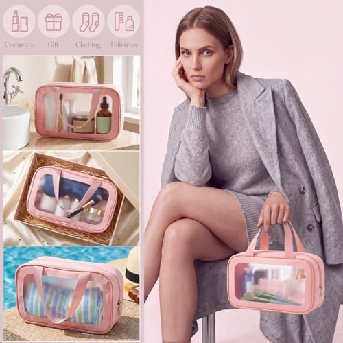 Abbylike 12 Pcs Clear Toiletry Bags with Handle for Women and Men, Matte Translucent Waterproof Cosmetic Bags with Zipper for Travel Toiletries Wash Shower Accessories Bachelorette Bridal Party(Pink)