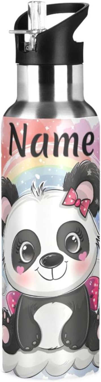 Custom Name Cute Cartoon Panda Rainbow Water Bottle with Straw Lid Kids Insulated Stainless Steel Water Flask Sports, 20 Oz Hot Cold