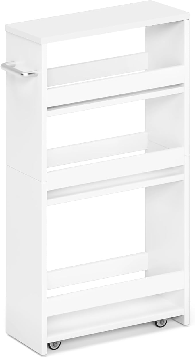 MARTY Slim Rolling Storage Cart, Wood Utility Kitchen Bathroom Laundry Cart | 4 Tier Kitchen Cart with Wheels Handle, Laundry Room Organization, Narrow Bathroom Storage Cabinet, 5.5" Wide Storage Trolley
