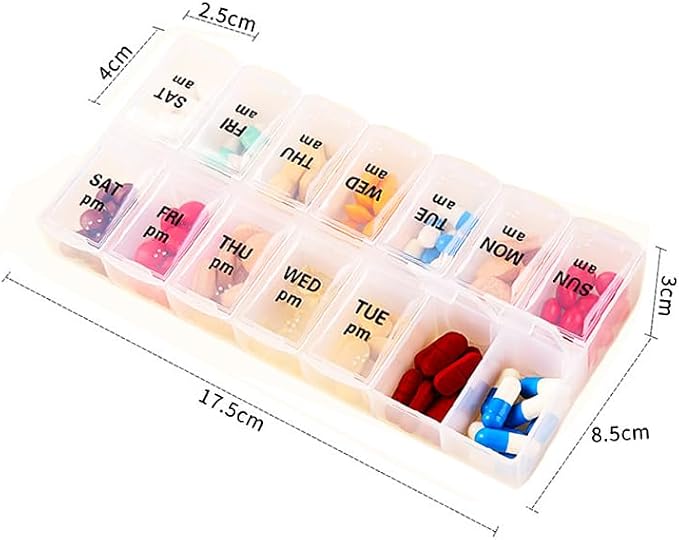 Large Pill Organizer, Weekly Portable Pill Dispenser Reminder Box | Travel Daily Pill Case Holder, Medication Planner for Vitamin, Medicine, Fish Oil, Supplements, 14 Compartment, Transparent