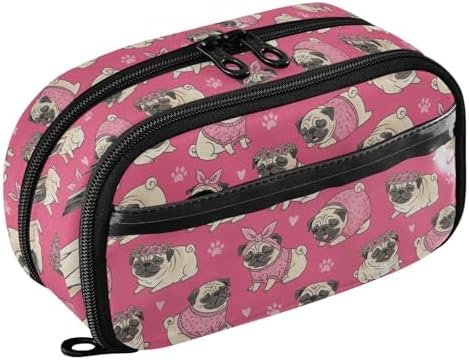 Cute Pets Pugs Pink pattern Large Capacity Pencil Case with Zipper Water Resistant Portable Organizer Pen Bag for School Students Office