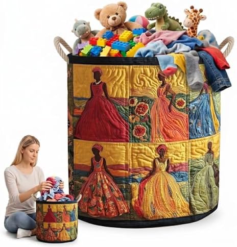Traditional Women Laundry Hamper Fabric Clothes Basket Colorful Art Toy Storage Organizer Round Quilted Hamper for Home Decor(16" x 22")