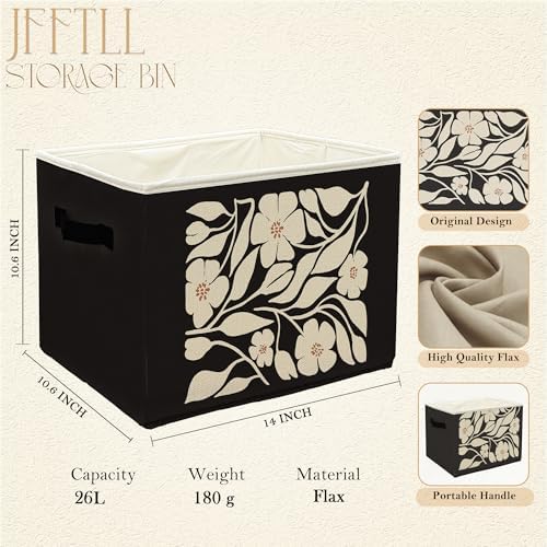 Boho Black and Beige Floral Storage Bins with Handles, Abstract Boho Neutral Flower Botanical Collapsible Laundry Basket Storage Box for Home Bedroom Bathroom Clothes Toys Books