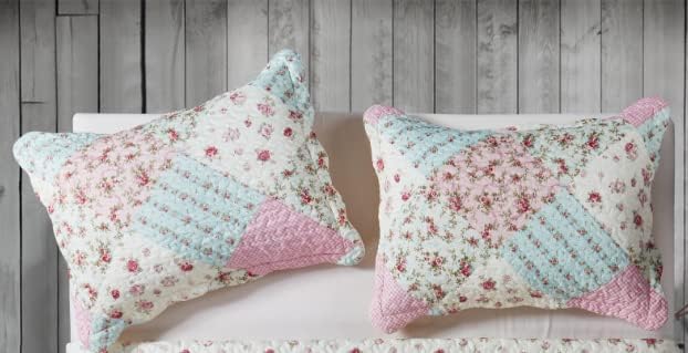 Brilliant Sunshine Pink & Green Roses Pillowshams Set, 20"x26"+2" | Patchwork Design, Quilted Standard Pillowcases, Washable Scallop Edge Pillow Covers, Pack of 2