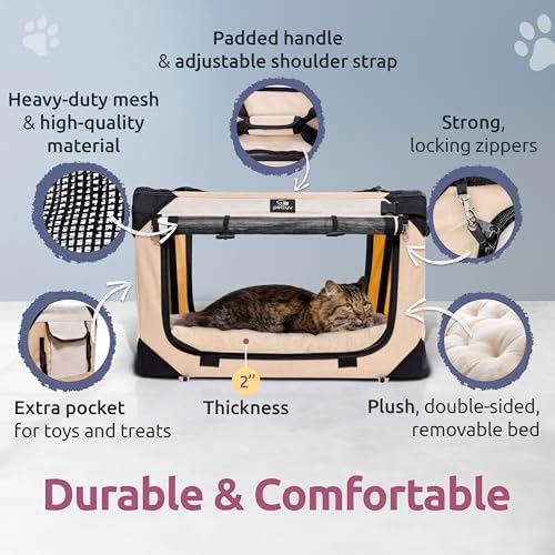 Cat & Dog Pet Carrier, Soft-Sided, Large 24"x16"x16", Fits Large Cat, 2 Cats, or Medium Dog Comfortably, Great for Travel & Vet Visits, Privacy Windows, Removable Bed, Locking Zippers, Foldable