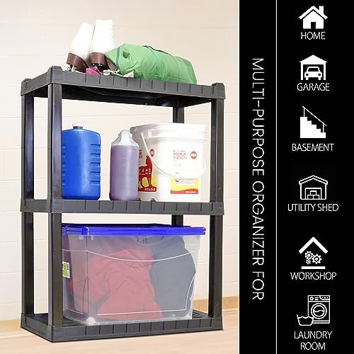 Oskar Heavy Duty Plastic Storage Shelves- for Garage, Kitchen, Bathroom Basement Kids Room, Stackable 3-Tier Black Organizer Rack for Books Shoes, Toys, Pantry, Cleaning and Closet Organization