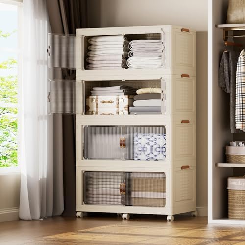 SAILUN 760Qt Stackable Storage Bins,Storage Cabinet with a Lid,4 Pack Cream
