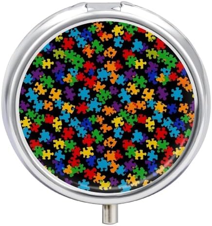 Round Pill Box with Mirror Colorful Puzzle Pieces Autism Awareness 3 Compartment, Decorative Metal Pill Case for Purse Travel Unique