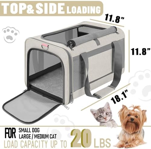 GAPZER Large Cat Carrier Soft, Collapsible Travel Pet Carry Bag, Small Dogs | Big Kitten Cat 20lbs Mainecoon, Top Open Travel Shih-Tzu Pet Kennel, Yorkie Small Dog 10 Pound, 18x12x12, Durable Cloth Beige