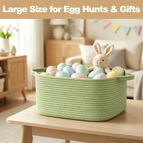 Large Green Woven Basket, 16.5" x 12.5" x 7" Empty Gift Basket, Big Cotton Rope Storage Bin for Gifts, Clothes, Towels, Books, Dog Toy Bin Box, Baby Nursery Organizer, Sage Green Room Decor