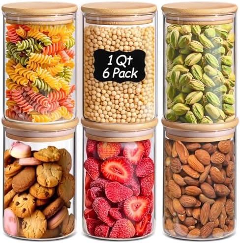 ComSaf Glass Storage Containers with Lids 1 Qt, Set of 6 Food Storage Jars | Glass Jars with Bamboo Lids, Kitchen Canisters, Pantry Organizers, Tea, Oat, Spice, Coffee, Dry Food Storage, Round, BPA Free