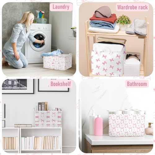 Chunful 4 Pcs Coqutte Pink Bow Storage Baskets Cute Preppy Pink Hamper Storage Bins Foldable Laundry Baskets with Handle Collapsible Organizer for Home Bathroom, Offices, Bedrooms