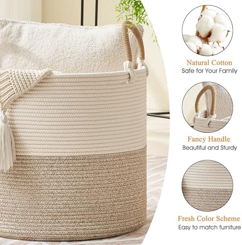 KAKAMAY Large Blanket Basket (18"x18"x16"), Woven Baby Laundry Hamper for Storage, Cotton Rope Basket for Nursery, Laundry, Living Room, Pillows, Baby Toy Chest with Handles (Black Stripes)