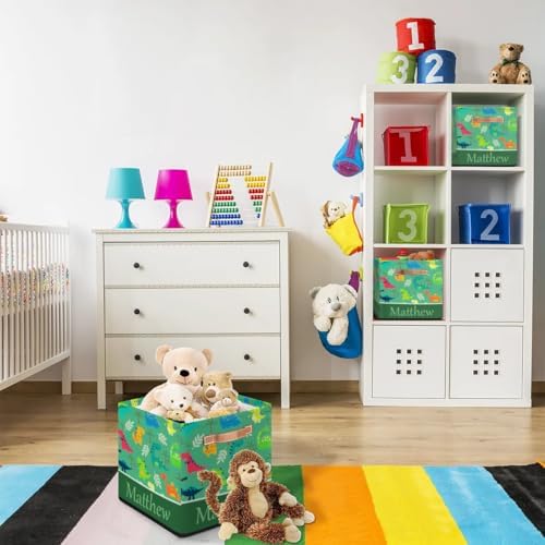 Personalized Storage Baskets for Organizing, Foldable Storage Bins with Handles Custom Cute Basket for Boys, Girls, Pet, Clothes, Blanket, Bedroom Nursery Toy Storage Gift,13 x13 x13 In,Dinosaurs