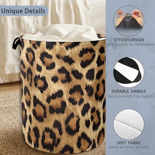 Brown Leopard Laundry Basket,Foldable with Handles Tote Bag Oxford Cloth for Bathroom Bedroom Dirty Clothes Storage Bucket 16" x 20.8"