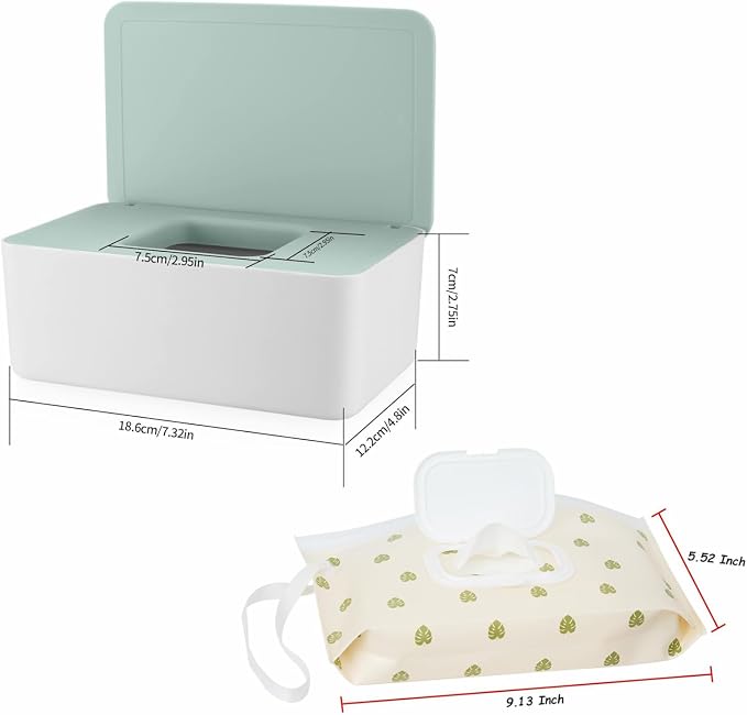Wipes Dispenser Set,1 Wipe Box & 2 Portable Pouches,White-Green | Refillable Reusable Large Wet Wipe Holder, Flushable Wipes Case Bathroom Wipes Container for Pet Nursery Kitchen Office