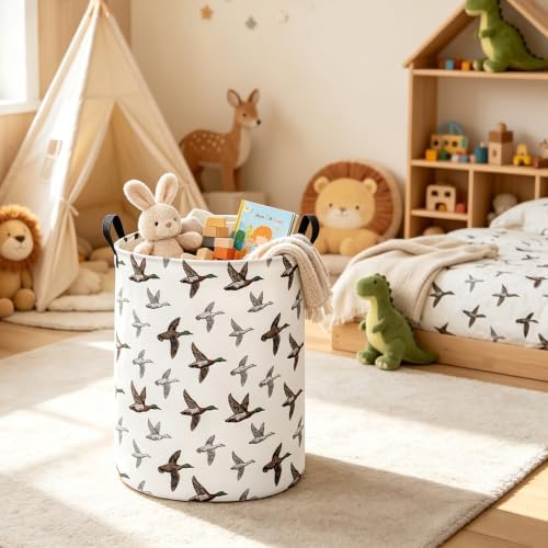 Round Laundry Basket Collapsible Storage Hamper Organizer Mallard Duck | Waterproof Canvas Foldable Baskets with sturdy Handles Multi-scene Organizer for Home Play Bedroom Gift Bin