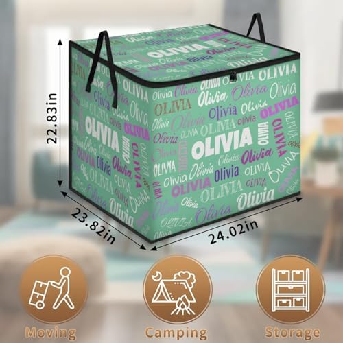 Personalized Extra Large Storage Basket with Lid, Comforters, Bedding Toys Storage Bin with Handles for Home, Collapsible Basket for Clothes, Moving, Car Trunk, mint Green Colorful Name