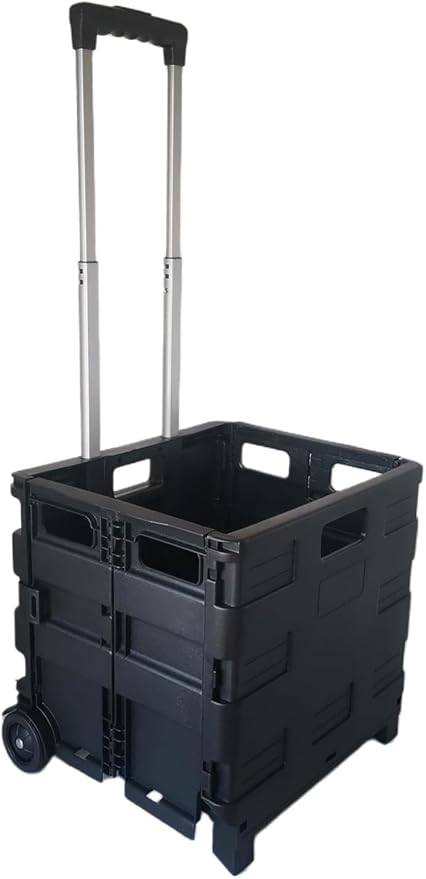 SECO Large Foldable Rolling Crate | Plastic Storage Box with Wheels | Black | Large Foldable Rolling Crate | 77 lb Capacity | Telescopic Handle | Smooth-Rolling Wheels | Flat Storage