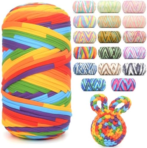 400g Tshirt Yarn for Crochet,Rainbow T Shirt Soft Elastic Fabric Chunky Thick T-Shirt Crochet Yarn for Crocheting Knitting Beginner Hand Knitting for Bag/DIY Craft/Home Decor-Bright Rainbow