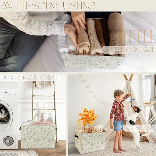 Vintage Green Floral Storage Bins with Handles, Watercolor Nature Flower Botanical Collapsible Laundry Basket Storage Box for Home Bedroom Bathroom Clothes Toys Books