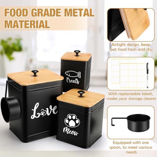 Jingmore Metal Airtight Cat Food Containers Set of 3 with Bamboo Lids and Spoon 7+3+2 Lbs Cat Treat Storage Container Countertop with DIY Labels Pet Cookie Organizer Jars for Kitchen Counter(Black)