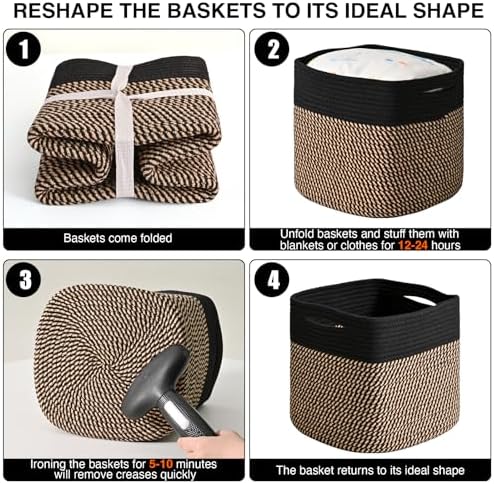 ICERZCZ 11 Inch Cube Storage Bins, Storage Cube Organizer Bins, Woven Cotton Rope Baskets for Storage, Storage Basket for Organizing Shelves, Square Baskets for Toys Nursery, Black & Jute (Pack of 3)