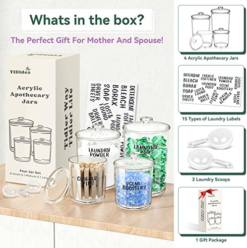 4 Pack Laundry Room Organization Jars - Laundry Storage Containers with Labels & Scoops Hold Pods, Powder, Scent Booster, Beads, Soap, Detergent - Great Laundry Organizer - Clear Acrylic