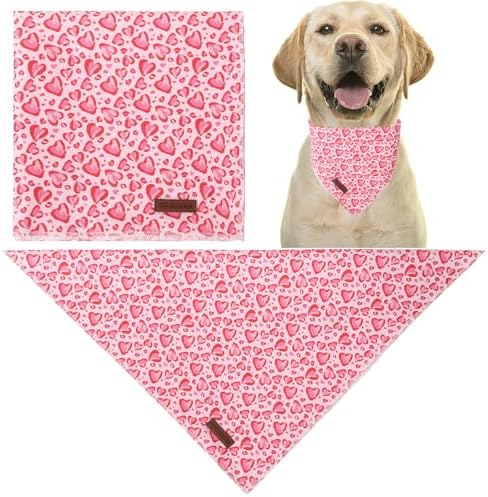 Valentine Triangle Pink Heart Bandana, Cotton Kerchief for Small to Medium Dogs or Cats, Adorable Puppy or Boy Dog Scarf