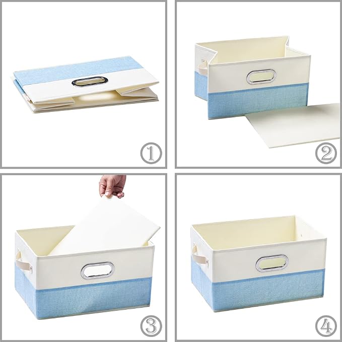 PRANDOM Large Fodable Storage Baskets for Closet [3-pack] Decorative Fabric Storage Bins Cubes with Leather/Metal Handles for Shelves Bedroom Living Room Blue&Cream (14.9x9.8x8.3 Inch)